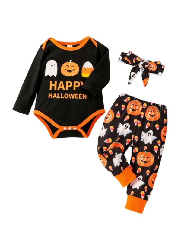 Three Pieces Baby Sets Happy Halloween Print Bodysuit Pants Headband Wholesale Baby Clothes 210622581