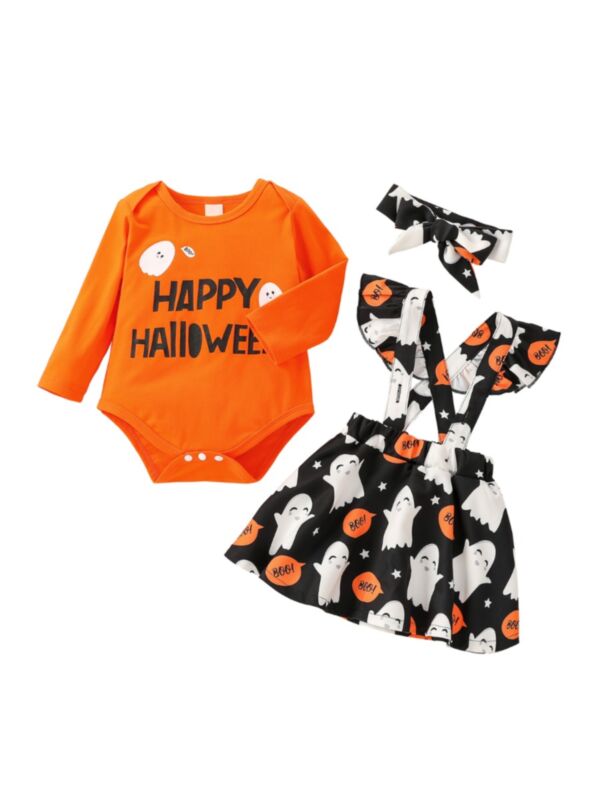Happy Halloween Print Baby Girls Sets Bodysuit Suspender Skirt Headband Wholesale Baby Clothes Bulk210622986
