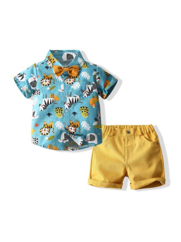  Animal Print Bowtie Shirt And Shorts Fashionable Boys Clothes Sets 210623407
