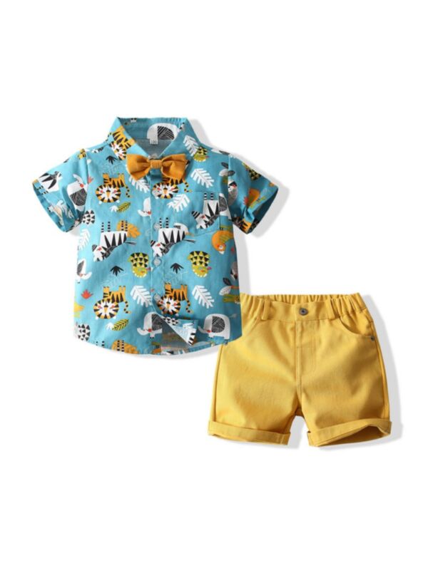 Animal Print Bowtie Shirt And Shorts Fashionable Boys Clothes Sets 210623407