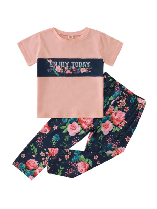 Two Pieces Girls Sets Color Blocking Flower Enjoy Today Print Top And Trousers 210623684