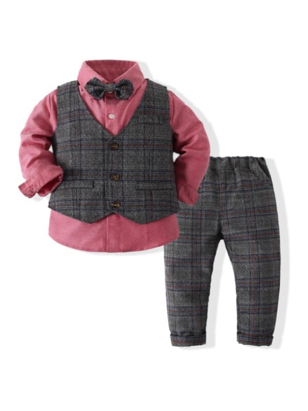 Baby Boys Formal Set Checked Bowtie Shirts & Vest & Pants 210623769