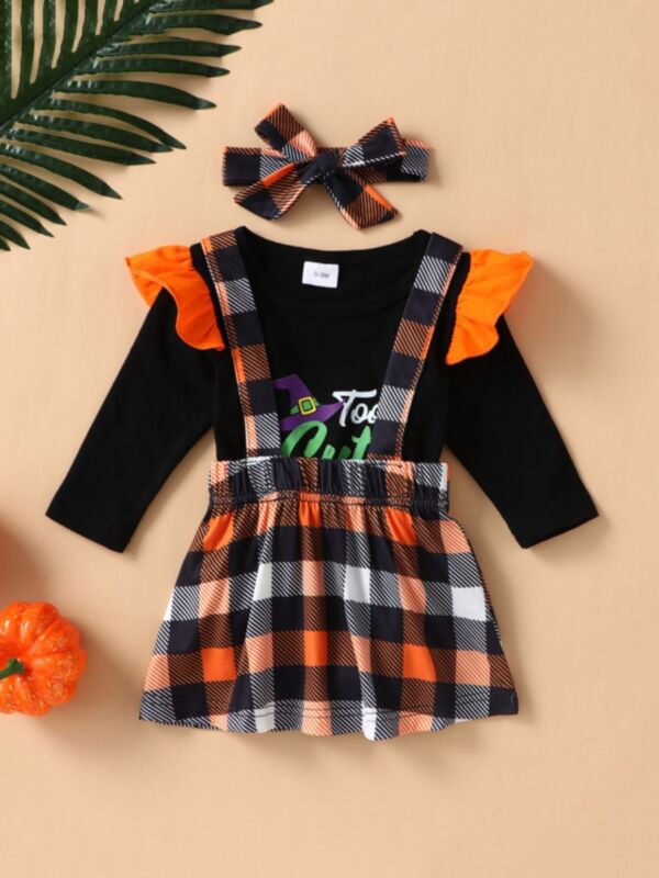Three Pieces Halloween Baby Girl Outfit Sets Too Cute To Spook Bodysuit Checked Suspender Skirt 210625077
