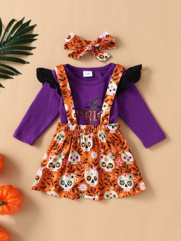 Three Pieces Trick Or Treat Halloween Baby Girl Outfit Sets Bodysuit Suspender Skirt Headband 210625717