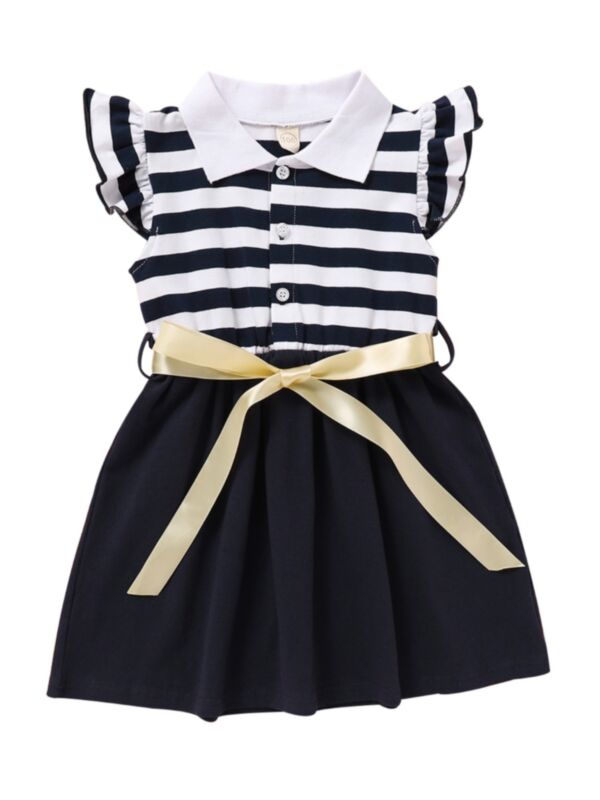 Kid Girl Flutter Sleeve Turn-down Collar Striped Dress 21062767