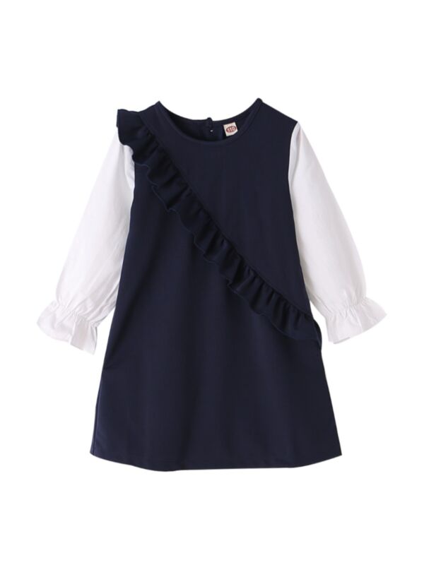 Ruffle Trim Hit Color Long Sleeve Toddler Girl Dress 21062773