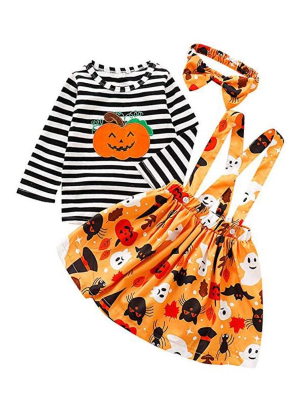 Halloween Three Pieces Striped Pumpkin Print Baby Girl Outfit Sets Top And Strap Skirt And Headband 210628446