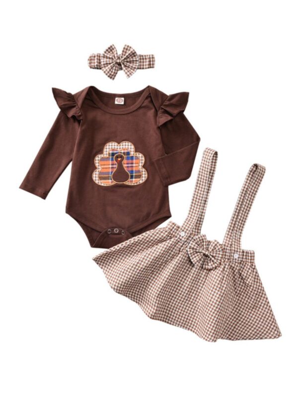 Three Pieces Thanksgiving Turkey Checked Print  Baby Girl Outfit Sets Flutter Sleeve Bodysuit Suspender Skirt Headband 210628895