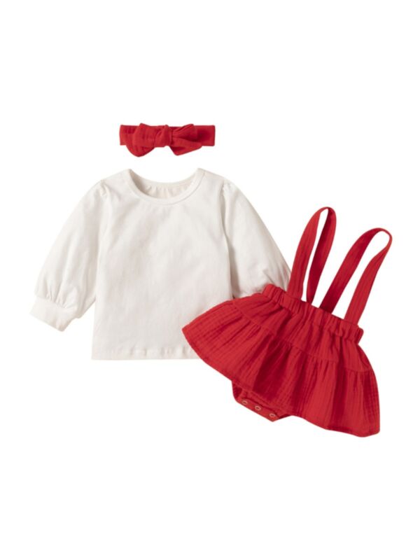 Three Pieces Plain Baby Girl Outfit Sets Bodysuit Suspender Skirt Headband 210629149