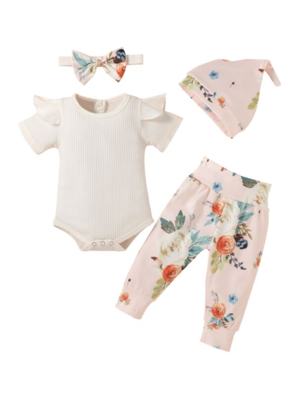4 Pieces Floral Print Baby Girl Outfit Sets Bodysuit Pants Hat Headband 210629196