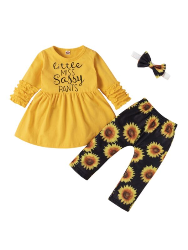 Three Pieces Sunflower Little Miss Sassy Pants Print Girls Sets Tunic Top Pants Headband 210629200