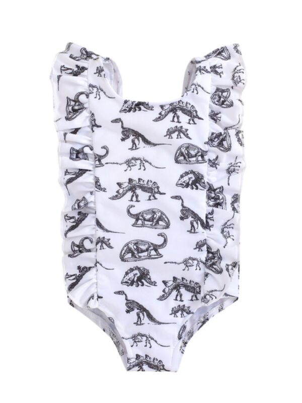 Dinosaur Print Ruffle Trim Swimwear For Girl 210701405