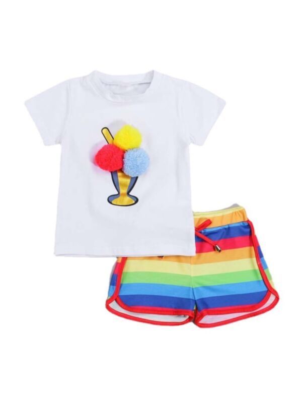 Ice Cream Hairball T-shirt & Rainbow Short Wholesale Girls Fashion Clothes Sets 210701575