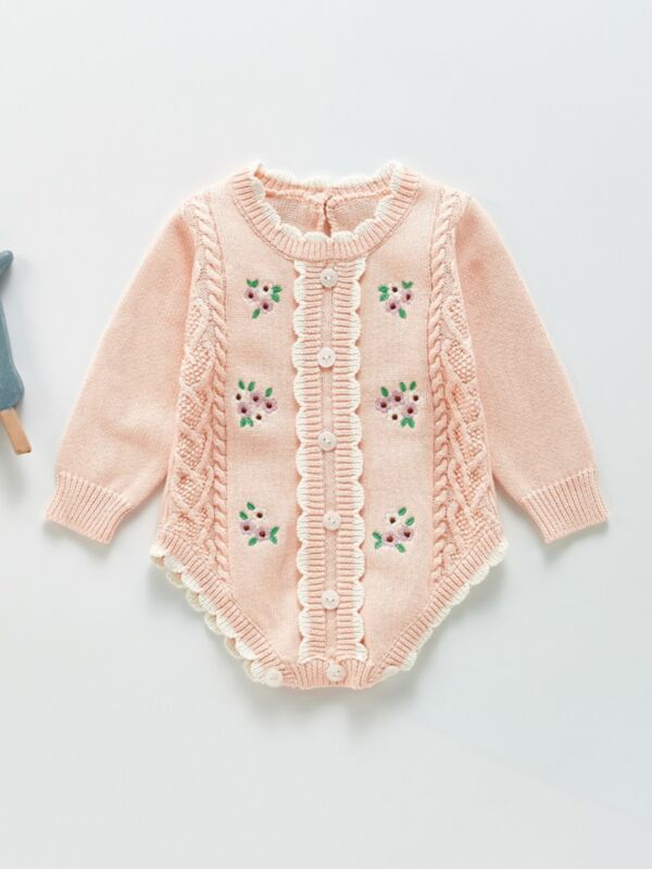 Embroidery Flowers Ruffle Decor Knitted Baby Girl Bodysuit 210701810