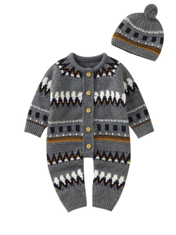 2 Pieces Button Up Multi Color Baby Knitted Jumpsuit Matching Hat 21070465