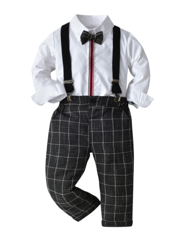  Boys Suit Sets Striped Bowtie Shirt With Checked Suspender Pants 210705060