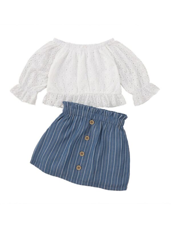 Two Pieces Girls Sets Lace Off Shoulder Top And Button Striped Skirt 210705204