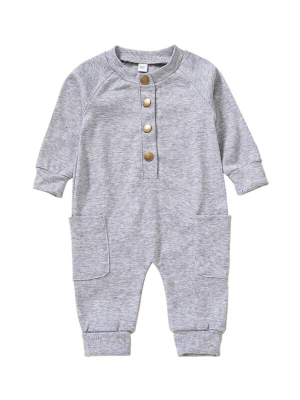 Solid Color Button Trim Fall Baby Jumpsuit 210705558
