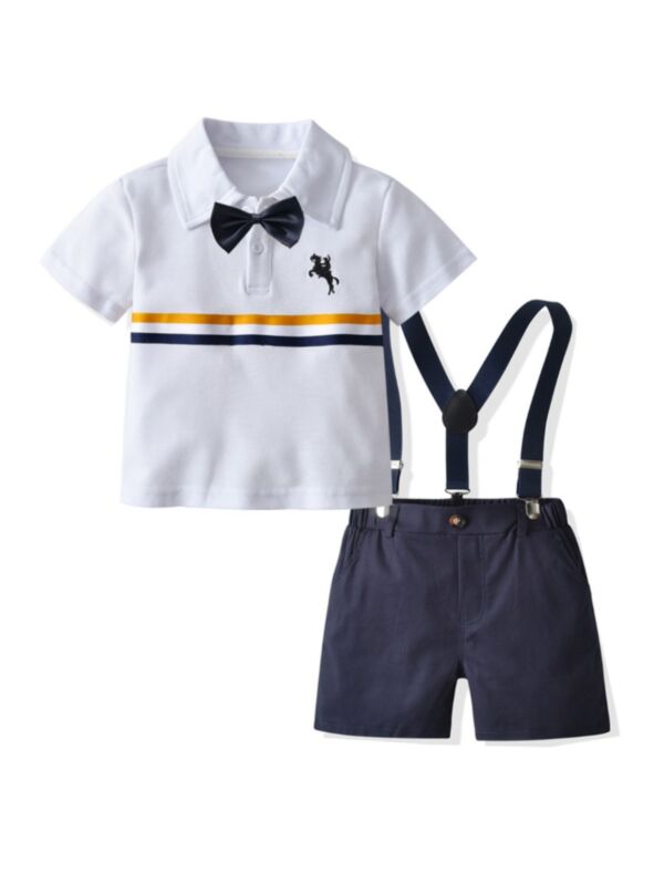 4 Pieces Kid Boy Sets Striped Bowtie Polo Shirt With Suspender Shorts 210705669
