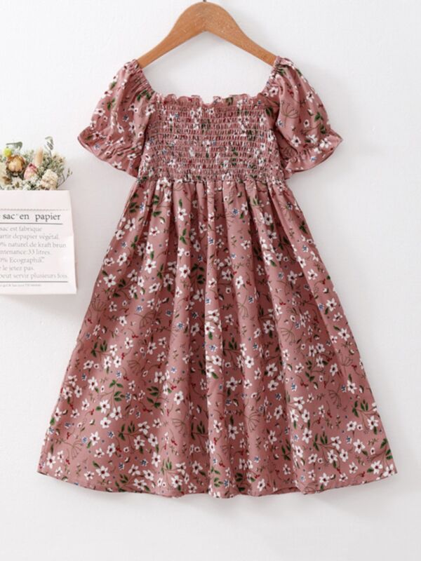  Big Girl Clothing Puff Sleeve Floral Print Shirred Dresses For Girls Kids Wholesale Clothing 210705701