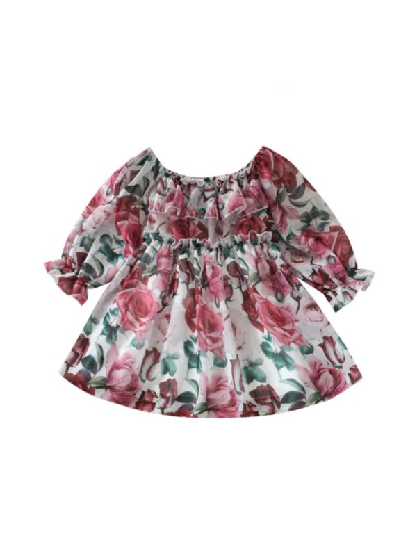 Flower Print Ruffle Trim Off Shoulder Dress  For Girl 210707007