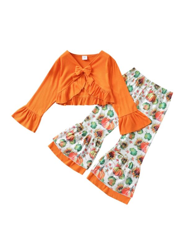 Halloween Pumpkin Print Kid Girls Sets Ribbed Top And  Bell Bottom Pants 210707054