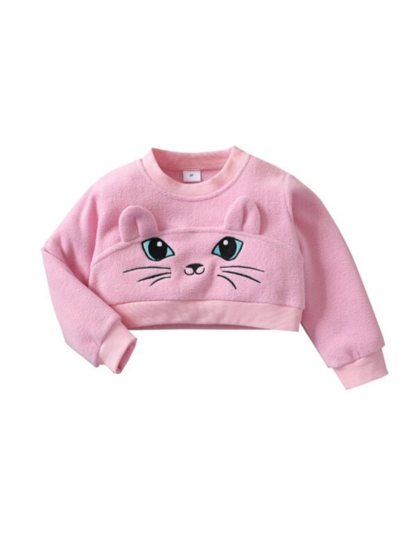 Kid Girl Polar Fleece Cat Embroidered Sweatshirt 210707200