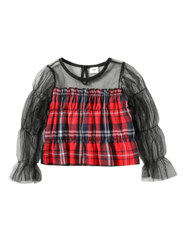 Kid Girl Lace Plaid Patchwork Top 210707817
