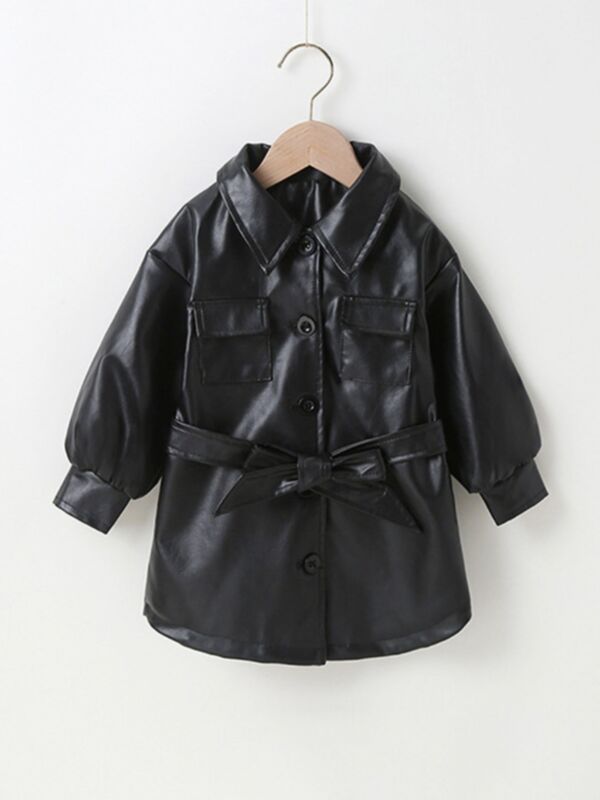 Solid Color PU Kid Girls Coats With Belt 210709614
