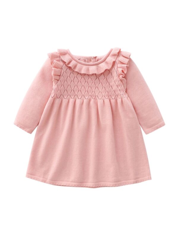  Solid Color Ruffle Trim Baby Girl Knit Dress Wholesale Baby Clothes 210710114