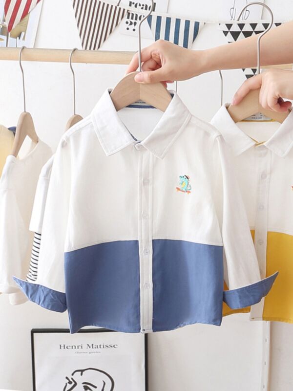 Color Blocking Dinosaur Print Kid Boy Shirt Wholesale Boy Boutique Clothes 210710122