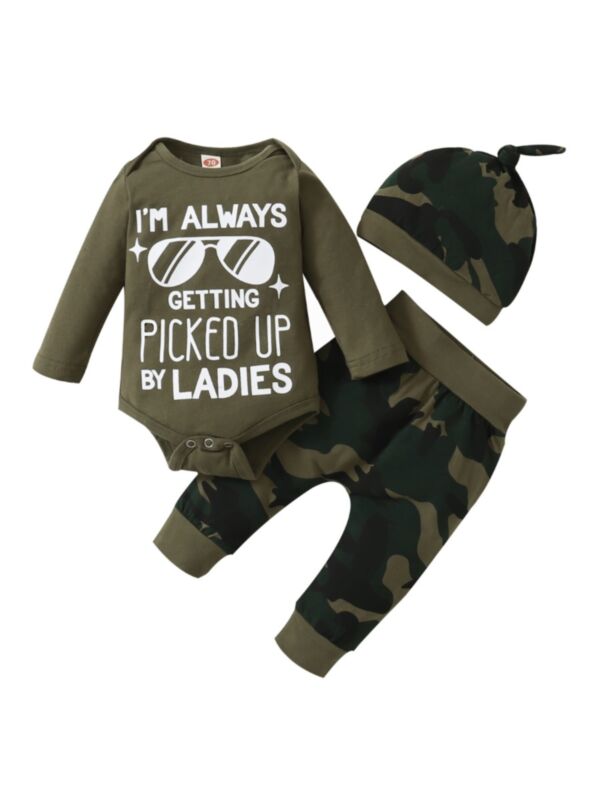 Three Pieces Baby Boy Outfit Sets I'm Always Getting Picked Up By Ladies  Camo Wholesale Baby Clothes In Bulk 21071195