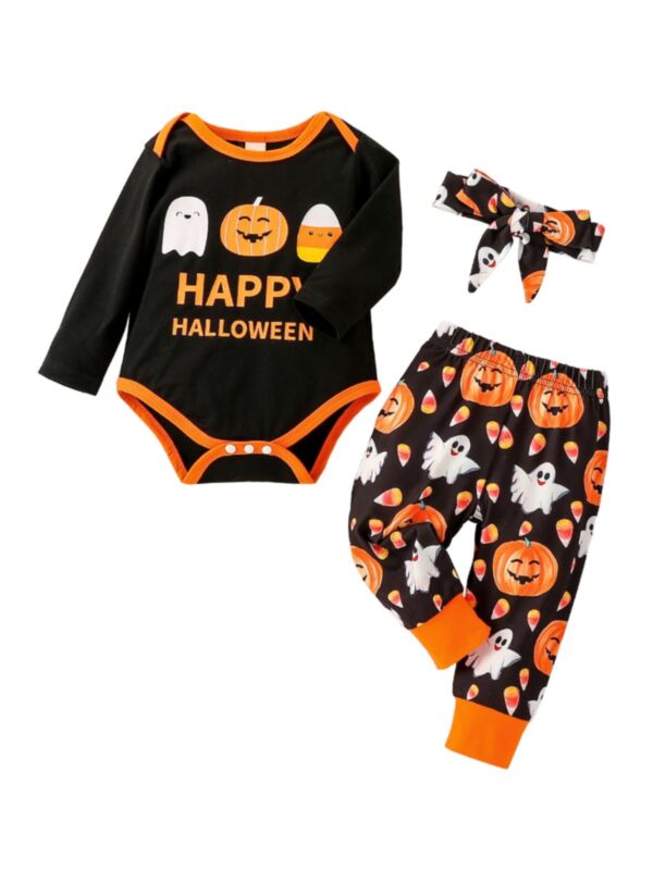 Three Pieces Letter Print Halloween Print Baby Girl Sets Bodysuit Trousers Headband 210712524