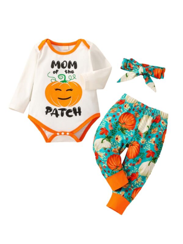 Three Pieces Pumpkin Mom of the Patch Halloween Print Baby Girl Sets Wholesale Baby Clothes Bodysuit Trousers Headband 210712747