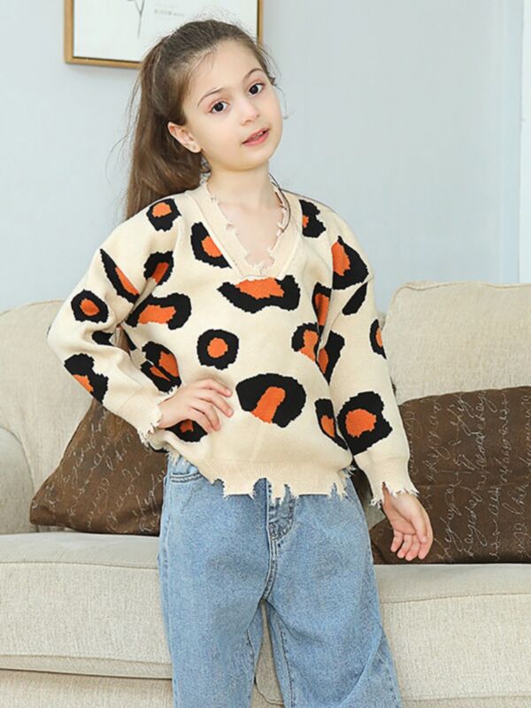 V-neck Leopard Girls Sweater Wholesale Girls Fashion Clothes 210712771