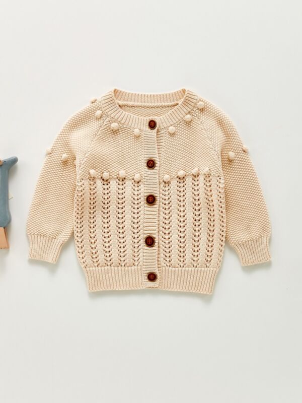 Pom Pom Trim Eyelet Knit Baby Girl Cardigan 210716251