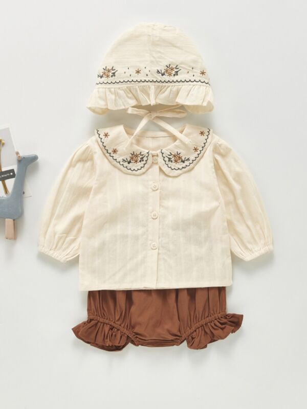 Three Pieces Embroidery Flower Baby Girls Outfits Sets Blouse Puff Shorts Hat 210716404