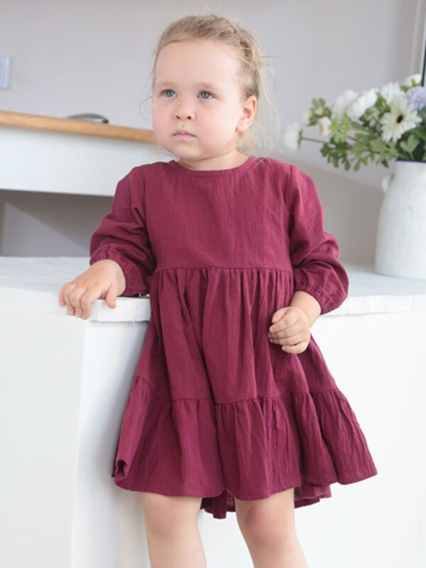 Kid Girl Ruffle Trim Wine Red Dress 210717066