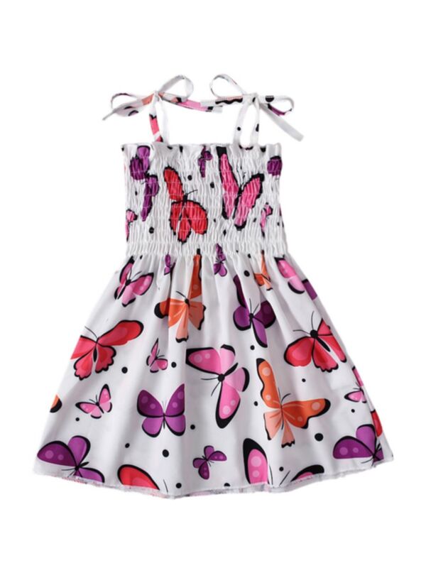 Butterfly Flower Print Shirred Sling Dresses For Girl 210717123