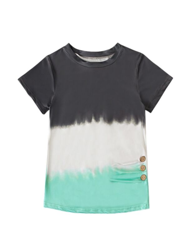 Color Blocking  Tie Dye Print Round Neck Kid Girl T-shirt Kids Wholesale Clothing 210717414