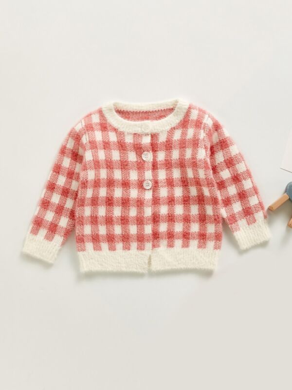 Checked Knitted Girls Cardigan Wholesale Baby Clothing 210717540
