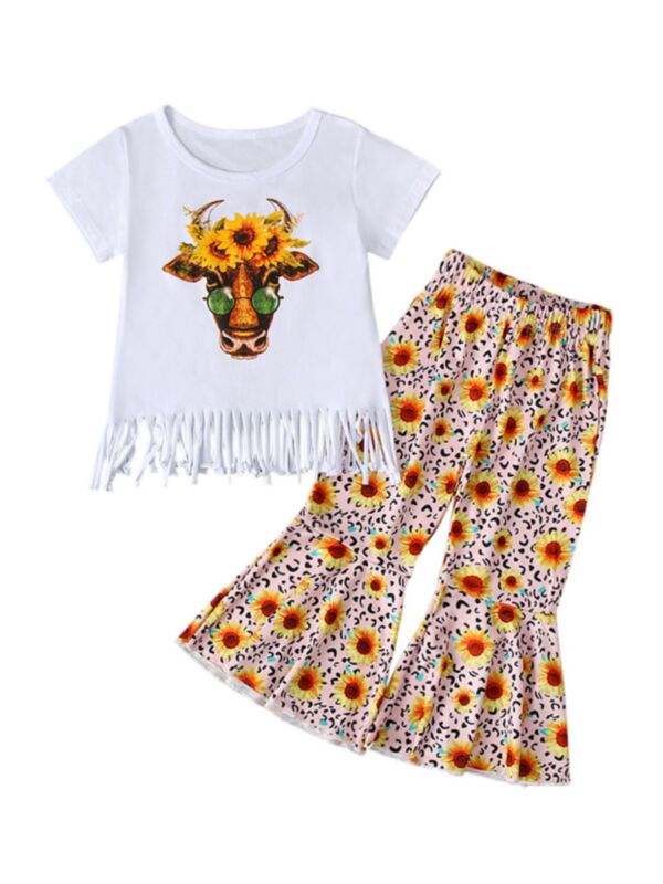   Two Pieces Cow Sunflower Print Kid Girls Outfits Sets Tassel Top And Wide Leg Pants 210717886