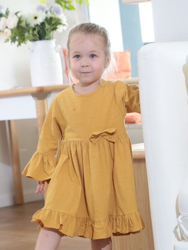 Solid Color Flared Sleeve Ruffle Decor Hem Wholesale Little Girl Clothing Dresses 210717899