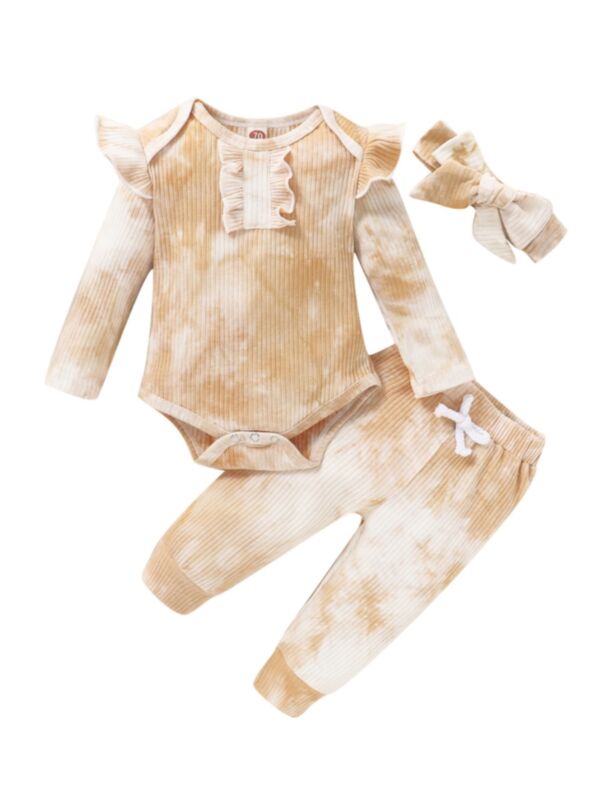 Three Pieces Tie Dye Ribbed Baby Girls Sets Bodysuit Trousers Headband 21071825