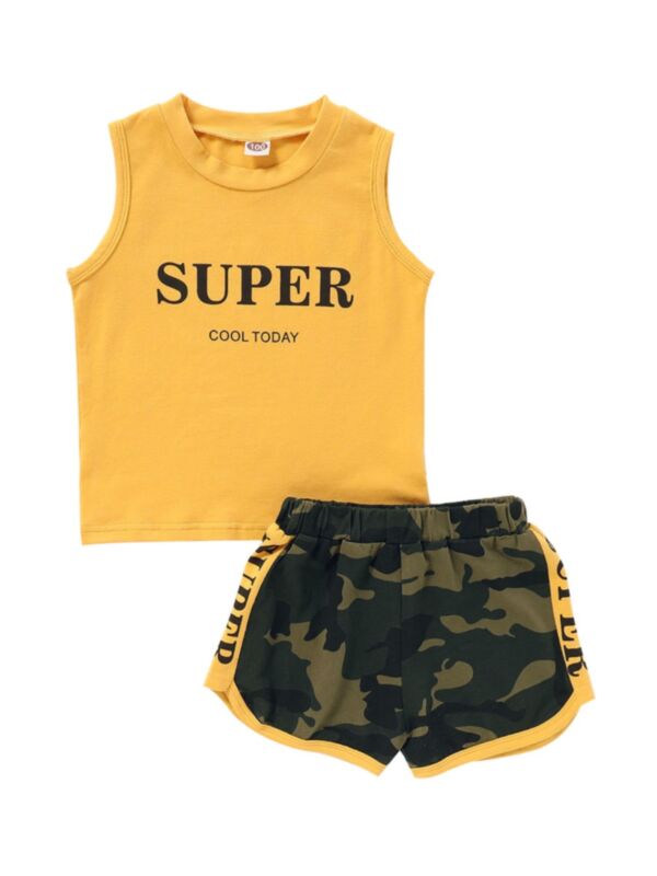 Two Pieces Kid Unisex Set Super Cool Today Tank Top And Camo Print Shorts 21071834