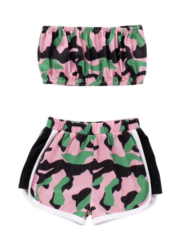 Two Pieces Camo Print Girls Sets Tube Top And Shorts 21071838