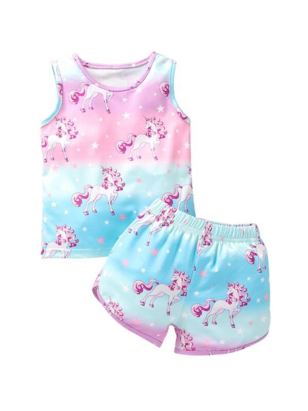 Two Pieces Unicorn Star Print Baby Girl Outfit Sets Tank Top And Shorts 21071861