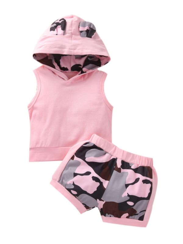 Two Pieces Camo Print Baby Girls Sets  Sleevelss Hoodies And Shorts 21071868