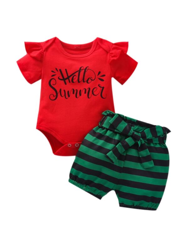 Two Pieces Baby Girl Outfit Sets Hello Summer Bodysuit And Striped Shorts 21071870