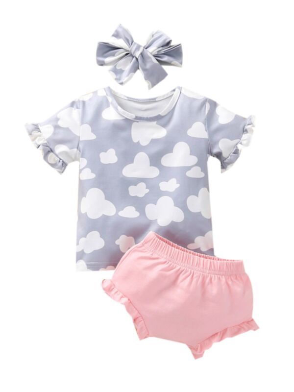 Three Pieces Clouds Printed Baby Girl Outfit Sets Top & Shorts & Headband 21071873